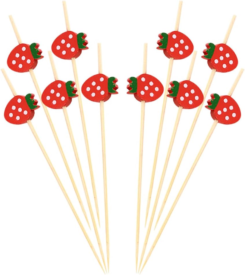 100 Pcs 12 cm Wood Strawberry Cocktail Picks Fruit Toothpicks for Appetizers Decorative Food Cocktail Sticks Party Charcuterie Skewers
