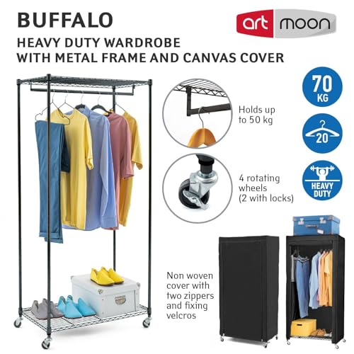 art moon Buffalo Schwerlast Faltschrank mit Rollen, bis 70 kg, Kleiderständer mit Hülle, mit 2 Ablagen und Kleiderstange, Stahl, Baumwolle, Schwarz