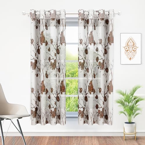 Image of Sheer Window Curtains Transparent Curtains for Window 5 Feet Curtains for Home |Floral| Brown |Polyester, Pack of 10