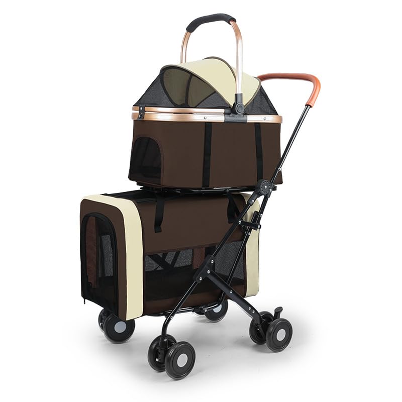 Double Pet Stroller for Dogs and Cats - Dog Stroller Foldable Travel Carriage with Detachable Carriers, Safety Belts, and 4 Lockable Wheels for Small to Medium Pets (Brown)