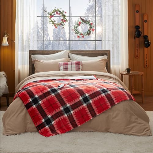 Image of Bedsure Plaid Heated Blanket Twin - Christmas Electric Blanket with Red Plaid Pattern, Flannel Sherpa Heating Blanket as a Gift, with 6 Heating Levels, 10 Time Settings, 8-Hour Auto-Off (62 inchx84 inch)