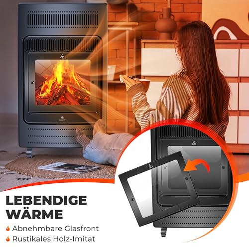 KESSER® Gasheizer Gasheizofen Heizstrahler 3,4 kW Gas Kamin inkl. Gasdruckregler & Gasschlauch, 2 Heizstufen Infrarot 3400W Gasheizstrahler Gasheizung Butan- oder Propangasflaschen bis 11kg Schwarz