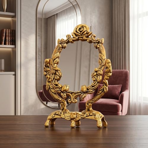 Image of KridayKraft Vintage Gold Rose Tabletop Makeup Mirror, Decorative Vanity Mirror with Ornate Floral Frame, 12-Inch Standing Mirror for Bedroom or Dressing Table