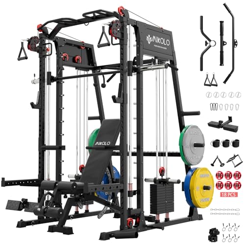 Mikolo M4 2.0 Elite Smith Machine with Weight Stack, All-in-One Home Gym Power Cage with LAT Pulldown & Cable Crossover, Squat Rack for Full Body Workouts (Black with 230LB Colored Weights Package)