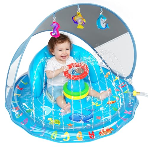 Qmioti Baby Splash Pad, Inflatable Baby Pool Float with Canopy, Splash Pad with Stackable Rings & Hanging Toys for Toddlers, Baby Pool Sprinkler, Outdoor Water Play Toys for Boys Girls