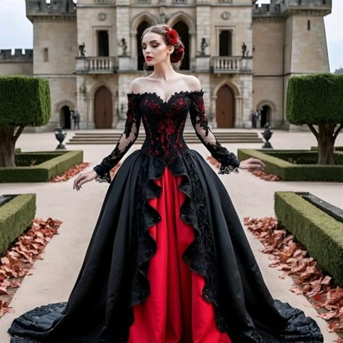 TRHTX Gothic Long Sleeve Wedding Dresses for Bride Satin Bridal Dress Off Shoulder Wedding Gown2
