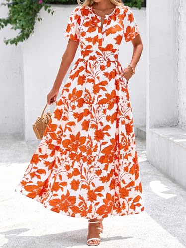 BTFBM Summer Dresses for Women 2025 Floral Casual Short Sleeve V Neck Elastic Waist Maxi Wedding Guest Dress Pockets4
