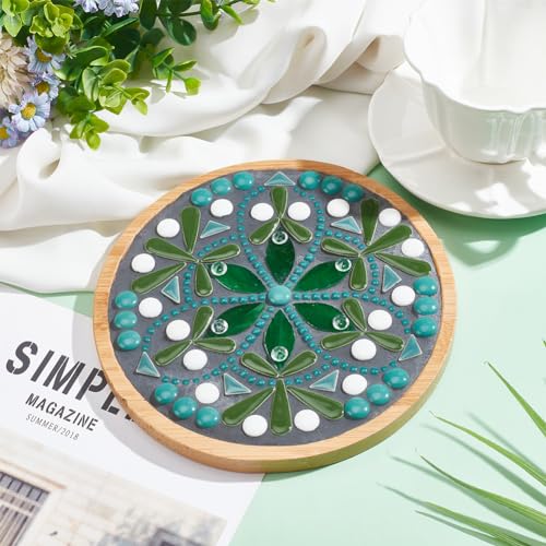 WEBEEDY DIY Ceramic Mosaic Kit - Flower Mosaic Bamboo Coaster Kits for Adults Beginners - Green Glass Mosaic Tiles with Bamboo Coaster Base for Handmade Summer Decor