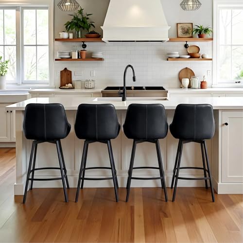 Image of Zesthouse Swivel Counter Height Stools Set of 4, Modern Upholstered Barstools with Backs, 26'' Faux Leather High Chairs for Island Kitchen, Counter Height Chairs with Metal Legs, Black