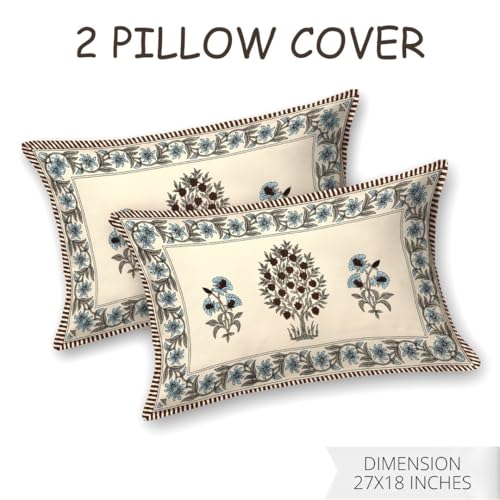 Image of Living Roots Ethnic Jaipur Block Print Double Cotton Bedsheet & 2 Pillow Covers, for Mattress Upto 6 inches Thick, No Colour Bleeding, Blue Colour, King Size 90 * 108 inches, 120TC (614-B)