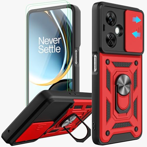 AKINIK for OnePlus Nord N30 5G / Nord CE 3 Lite 5G Case with Slide Camera Cover and 2pcs HD Screen Protector, 360° Rotation Ring Kickstand [Military Grade] Case (Red) by AKINIK - Used condition - US$5.30