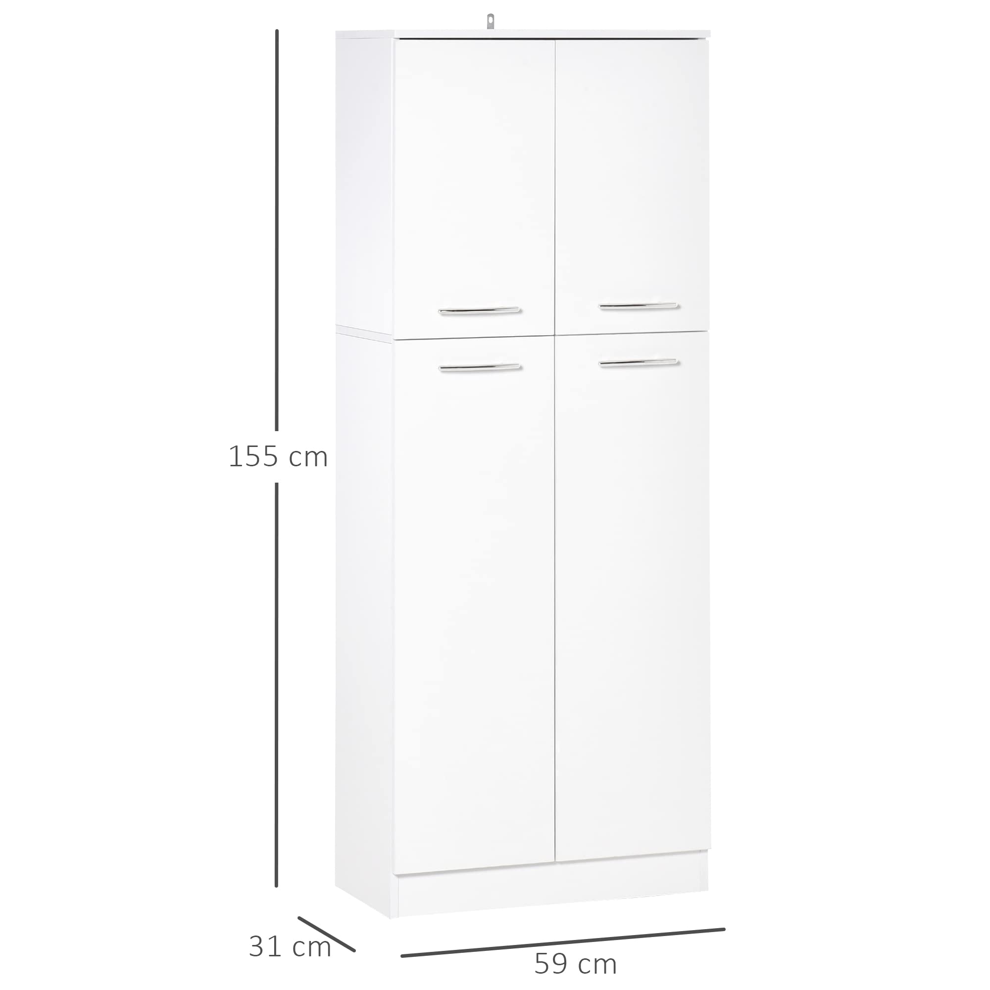 HOMCOM Armario Alto de 2 Puertas Mueble Auxiliar de Almacenaje Multifuncional con 5 Estantes y Baldas Ajustables Moderno para Salón Dormitorio Cocina 59x31x155 cm Blanco