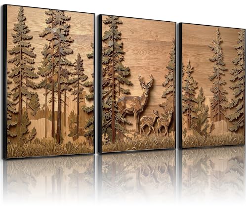 HQQUCC Deer Forest Wall Art Poster, Brown, 12x16 Inch, 3 Piece