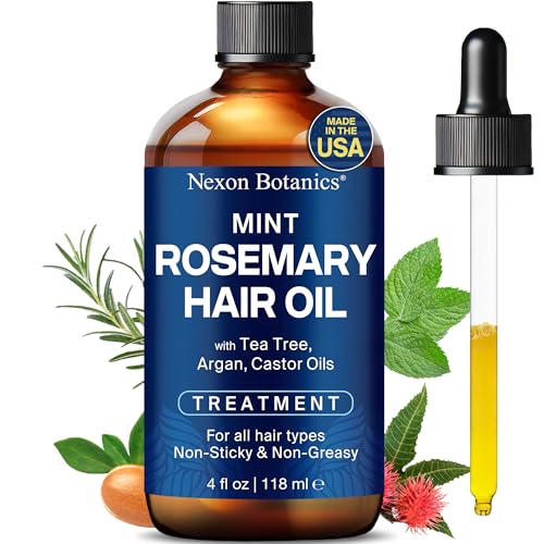 Mint Rosemary Hair Oil 4 fl oz – Hair Treatment Oil – Argan, Castor, Tea Tree – Hair Growth Oil for Damaged Hair, Curly Hair, Frizzy Hair, Dry Scalp – Men and Women – Nexon Botanics
