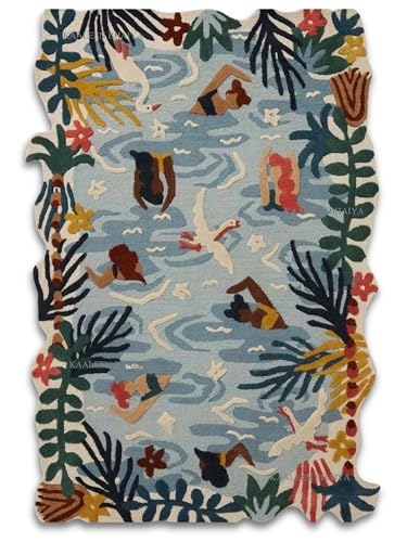 Handmade Tufted Wool Area Rug &ndash; 10' x 13' (Irregular), Sky Blue Multicolor &ndash; Exotic Jungle Theme, Irregular Shape, High Pile, Soft Plush Carpet for Living Room Bedroom D&eacute;cor