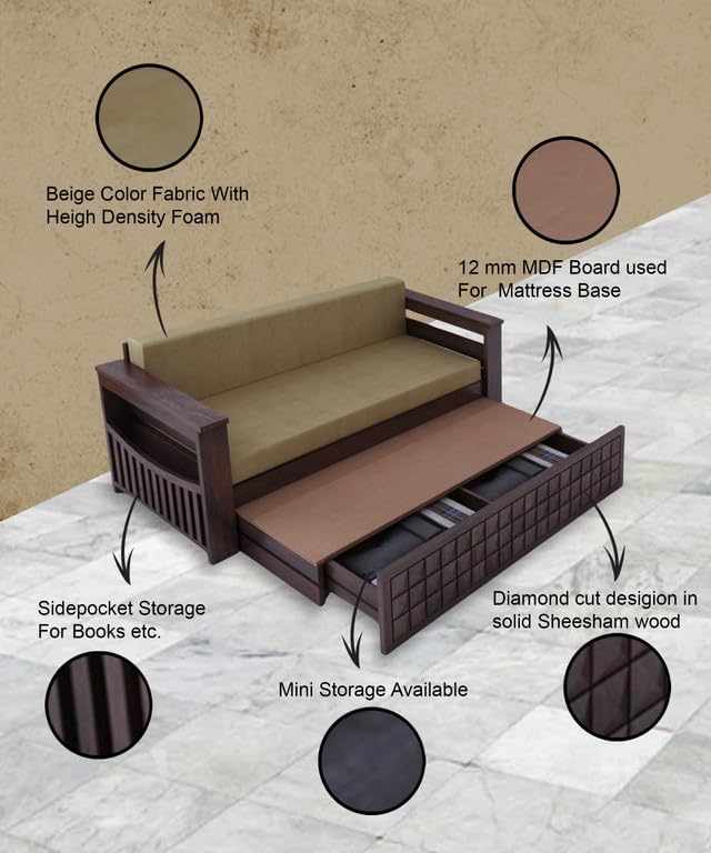 Image of Solid Sheesham Wood Sofa Cum Bed 2 Seater | Wooden Foldable Double Bed for Living Room with Headboard & Storage | Bed Cum Sofa with Mattress for Home | Diamond Design (Walnut Finish)