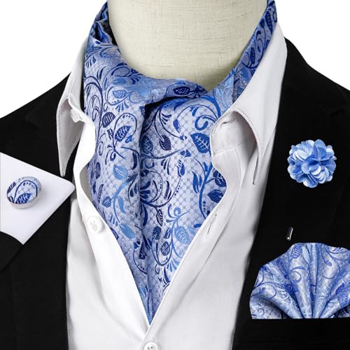 Image of DiBanGu Mens Silk Ascot Ties Paisley Jacquard Woven Cravat and Pocket Square Cufflinks with Lapel Pin for Business Wedding