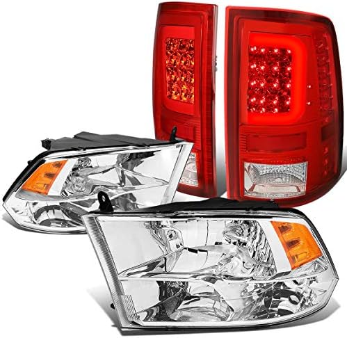 Replacement For Dodge Ram Pair Chrome Housing Amber Corner Quad Headlight+3D Led Red Lens Tail Lights
