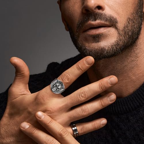 HZMAN Stainless Steel Vintage Winged Skull Ring for Men, Roman Numeral Gothic Punk Biker Signet Ring Size 8 by HZMAN - Used condition - Image 2