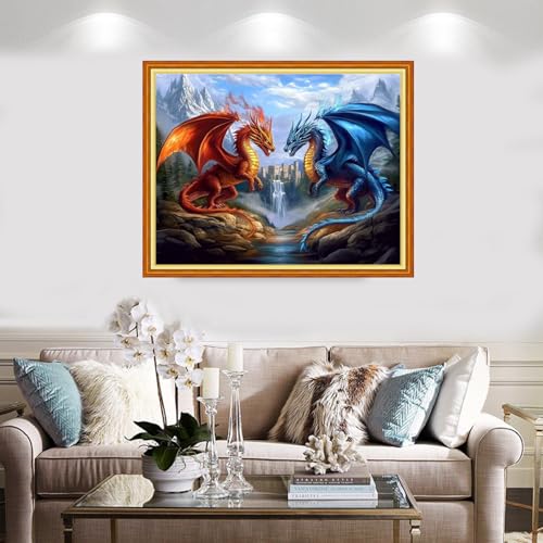 Image of Redxing Stamped Cross Stitch Kits Full Range of Embroidery Starter Kits- Needlepoint Counted Cross Stitch Kits for Beginner Adults 11CT Printed Embroidery Kit-Water Fire Dragon Landscape 16x20 inch