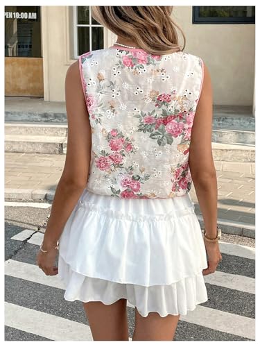 MakeMeChic Women's Floral Eyelet Embroidery Vest Tie Front Sleeveless Crop Tops3