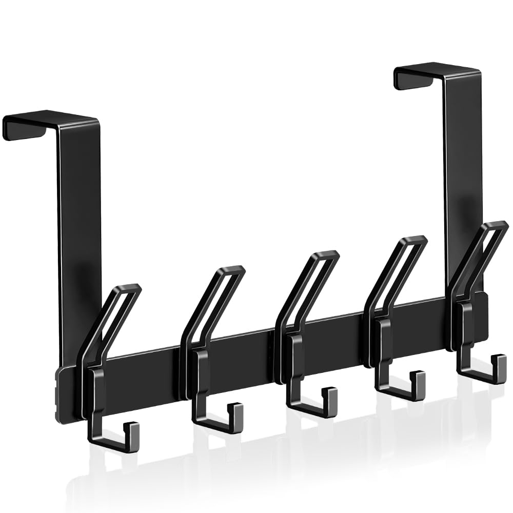 MIVITOOM Over Door Hooks, Over Door Towel Rack with 5 Hooks, Sturdy Hooks for Coats Hats, Bags, Clothes(Black)