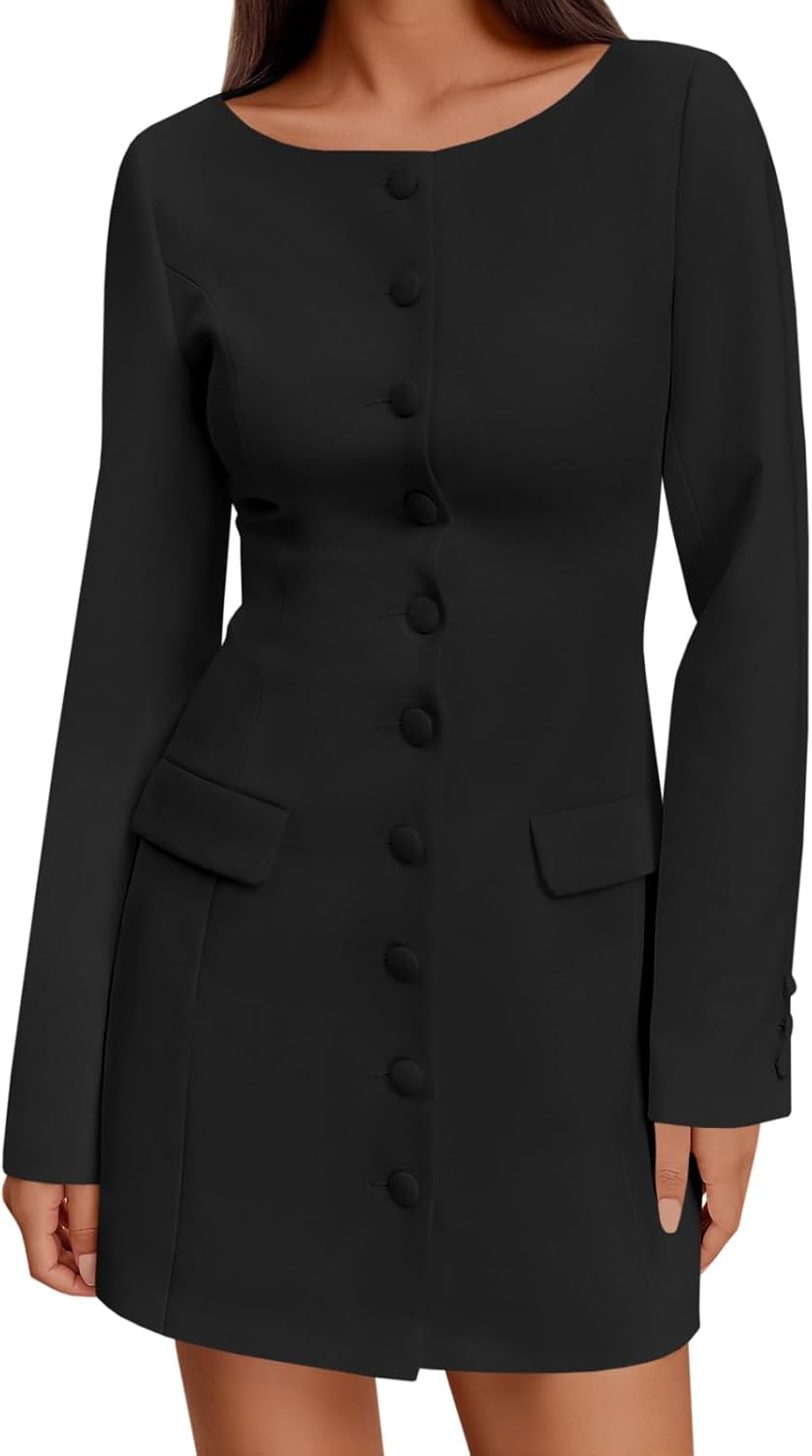 Wenrine Womens Button Down Work Dress Long Sleeve Business Office Slim Fit Elegant Fall Blazer Mini Dresses