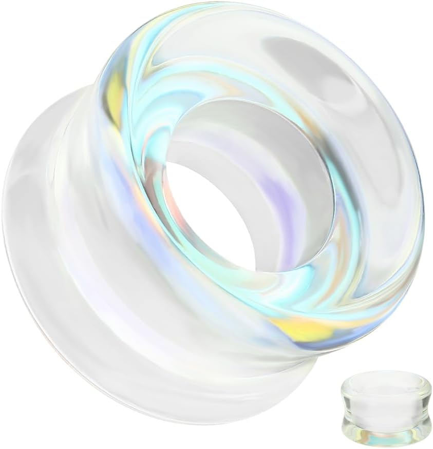 Pierced Owl Aurora Borealis Glass Double Flared Tunnels, Sold as a Pair