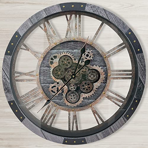 DORBOKER Horloge Murale Engrenages Mobiles Geante 68cm Industrielle Bois Massif Vintage Pendule Murale Silencieuse Steampunk Chiffres Romains pour Salon...