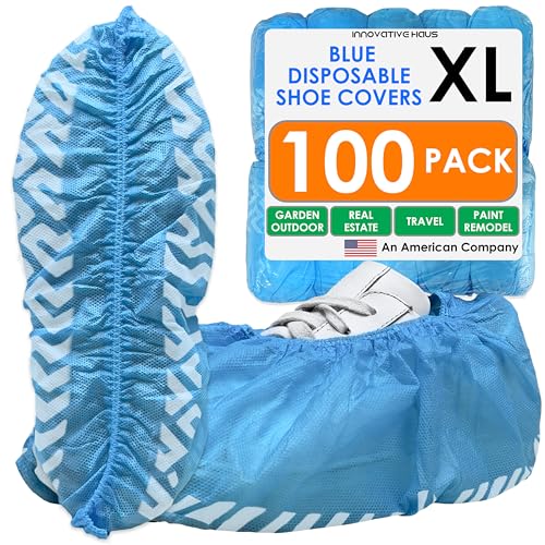 Innovative Haus Blue Indoor Disposable Shoe Covers - Disposable Non Slip Boot Covers - Indoor Reusable Booties - Treads - Water Resistant - 100 Pack Extra Large