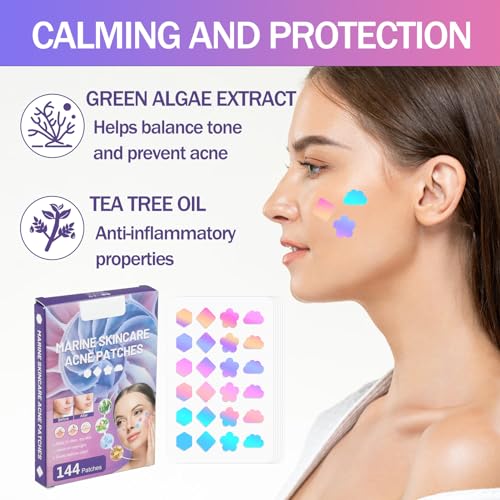 GUGUMO Portable 144Pcs Face Pimple Star Acne Patches, Hydrocolloid Fast Healing Cover Patch with TeaTree Oil & Natural Green Algae Extract, Colorful 4 Shapes Acne Patches for Spots Blackheads