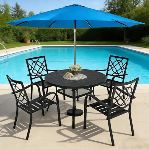 Image of SUNCROWN 6-Piece Outdoor Wrought Iron Chairs and Table Patio Dining Furniture Set - 4 Stackable Metal Chairs, 1 42 inch Round Bistro Table and 1 Sky Blue 9Ft Patio Umbrella for Garden Backyard Deck