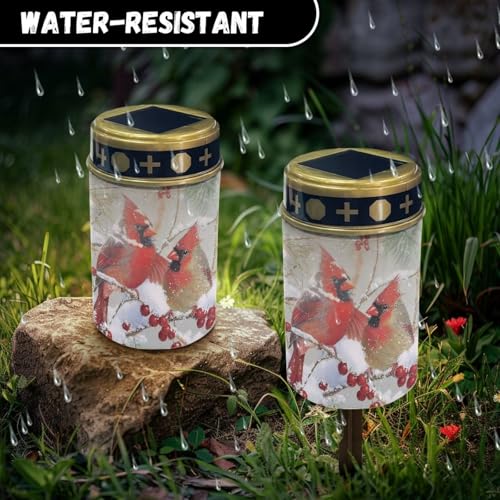 Image of Christmas Cemetery Solar Lights Water Resistant LED Flameless Candle Cardinal Bird Grave Lights Solar Powered Grave Christmas Decorations Light for Prayer 2 Pcs