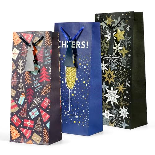 Kraft & Co. 3 Pack Christmas Wine Bottle Gift Bags, 200gsm Kraft Paper with Rope Handles, Eco-Friendly Recyclable Holiday Packaging, Fits Standard Wine Bottles, Sparkle