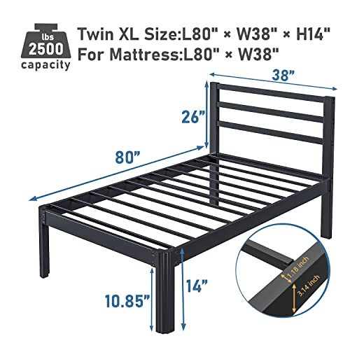 Woozuro Twin-Xl Bed-Frames With Headboard, 14 Inch Heavy Duty Meta Bed Frames No Box Spring Needed, Round-Corner Leg Design Mattress Foundation, Easy Assembly Noise Free, Black #TOP1