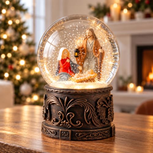 DUSVALLY Nativity Musical Snow Globe with Holy Family, Auto Snowfall