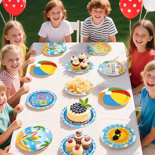 Image of 60 Pcs Beach Pool Party Paper Plate 7 inch Heavy Duty for Summer | Beach Hawaii Theme Disposable Dessert Cake Platters for Luau Hawaii Swimming BBQ Birthday Party Supplies Decorations