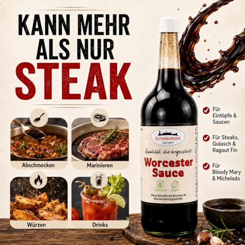 Altenburger Original Worcester Sauce, 1l (1000ml) in der Glasflasche, Worcestershire Sauce glutenfrei, laktosefrei, vegan, ohne Zusatz von Aromen
