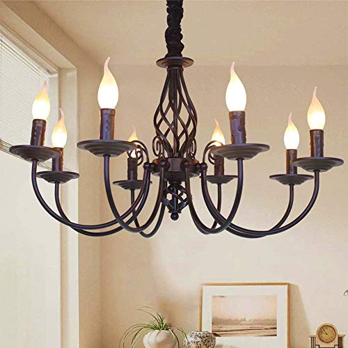 Lámpara colgante vela de estilo europeo rústico y luces de metal negro