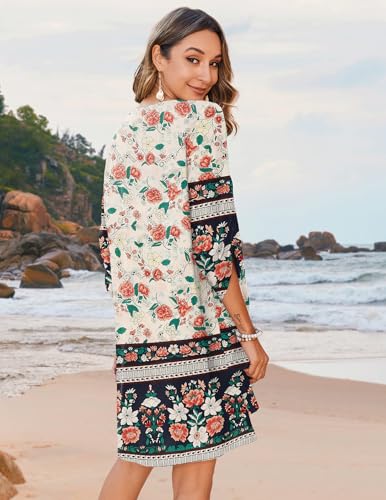 Image of Zeagoo Womens Boho Dresses Casual Beach Summer Dress Tassel Tie Neck 3 /4 Long Sleeve Mini Sundress 2026 Floral Print Cover Up