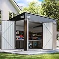 BinpLax 355 cu.ft Shed Premium Galvanized Steel Storage Sheds with Triple Doors 9.5x7.4 Ft Weatherproof Outdoor Utility Sheds, Dual Lock Lean to Shed for Mower, Bike, Generator, Garden Tools (Brown)