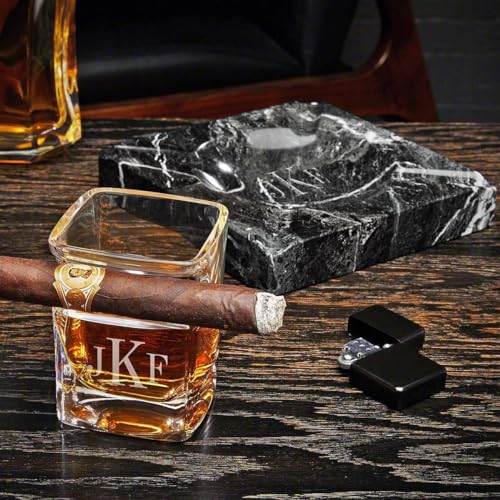 Custom Marble Ashtray Set with Black Lighter and Cigar Glass - Whiskey and Cigars Outdoor Ashtray Set