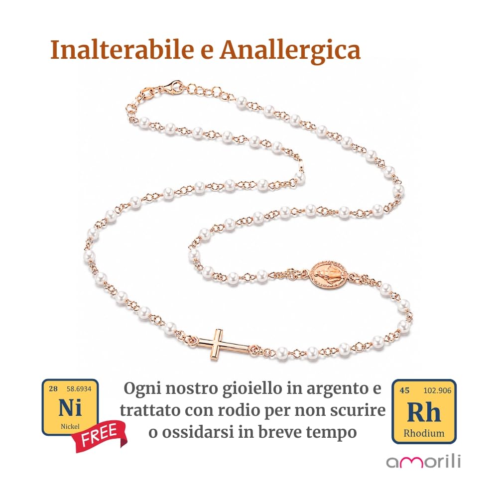Collana Rosario Donna in Argento 925 Ramato Girocollo con Grani di Perle – Simbolo Cattolico Cristiano di Fede Religioso – Collana Elegante Idea Regalo cll2142