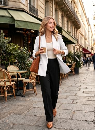 EVALESS Blazers for Women Business Casual Open Front Long Sleeve Work Office Suit Jackets White M