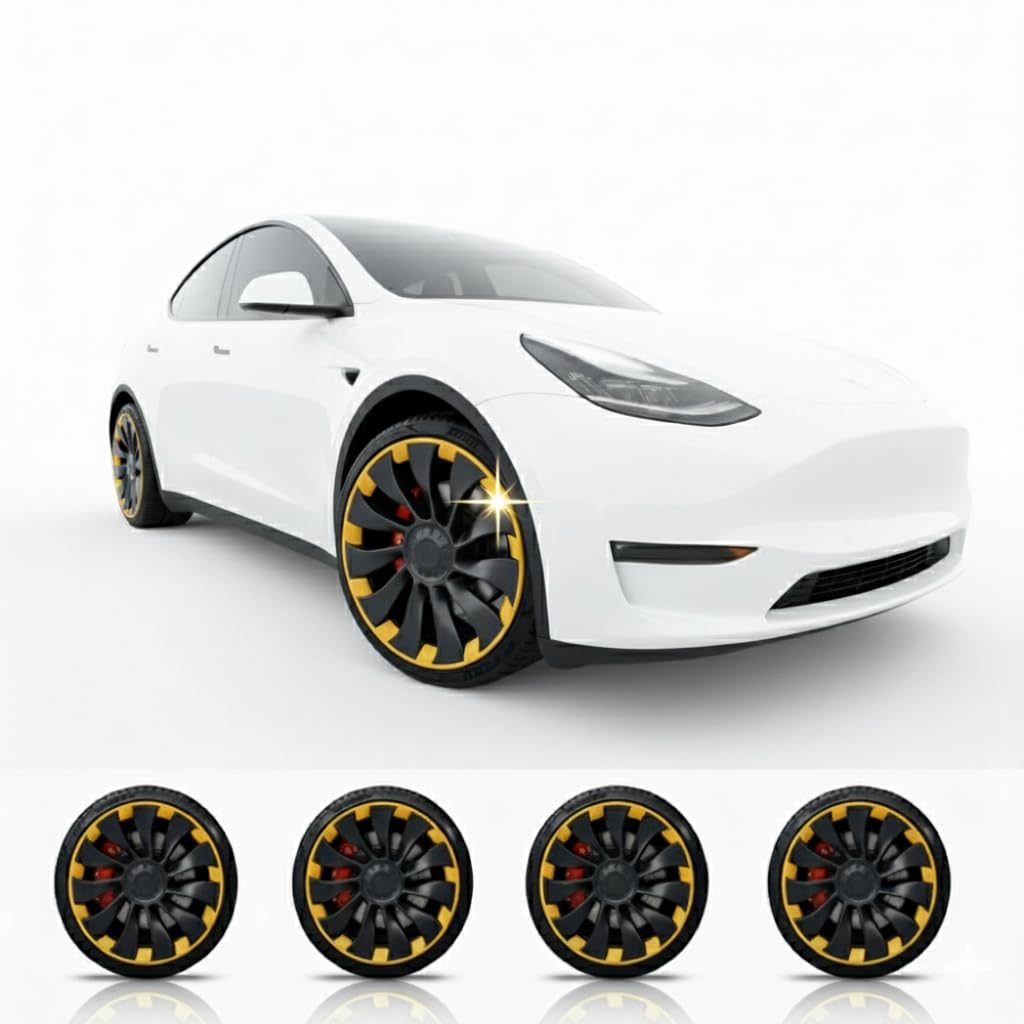 Tesla Model Y Uberturbine 21" ochrona felg – bezklejowe, ultra-mocne mocowanie zaciskowe, precyzyjne cięcie CNC, w zestawie folia PPF, kompletny zestaw 4 sztuk (na 4 koła) – żółty