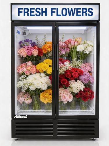 Image of Commercial Flower Beverage Refrigerator Floral Display Fridge,Two Glass Door Drink Cooler with LED Light Adjustable Shelves,ETL Sanitation,46 Cu Ft,54 inch Wide,Wheels Included