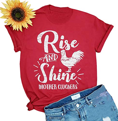 Rise and Shine Mother Chicken Mom Cute T Shirts Women s Letter Print Mom Life Tees Tops Farm Country Casual Tshirt (Small, Red)