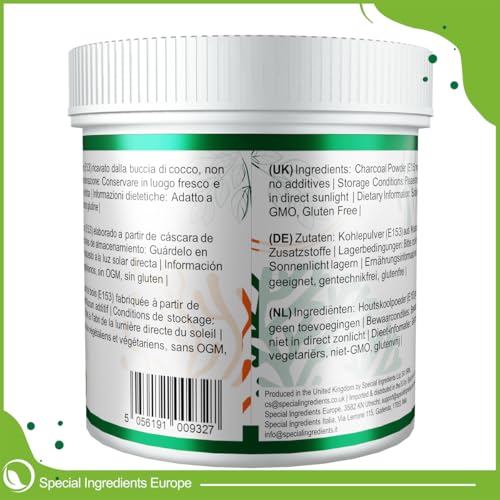 AKTIVKOHLEPULVER 100g HÖCHSTER QUALITÄT ULTRA-FEINES PULVER HERGESTELLT AUS KOKOSNUSS-SCHALE (DEUTSCHE ETIKETTEN UND ANLEITUNGEN)