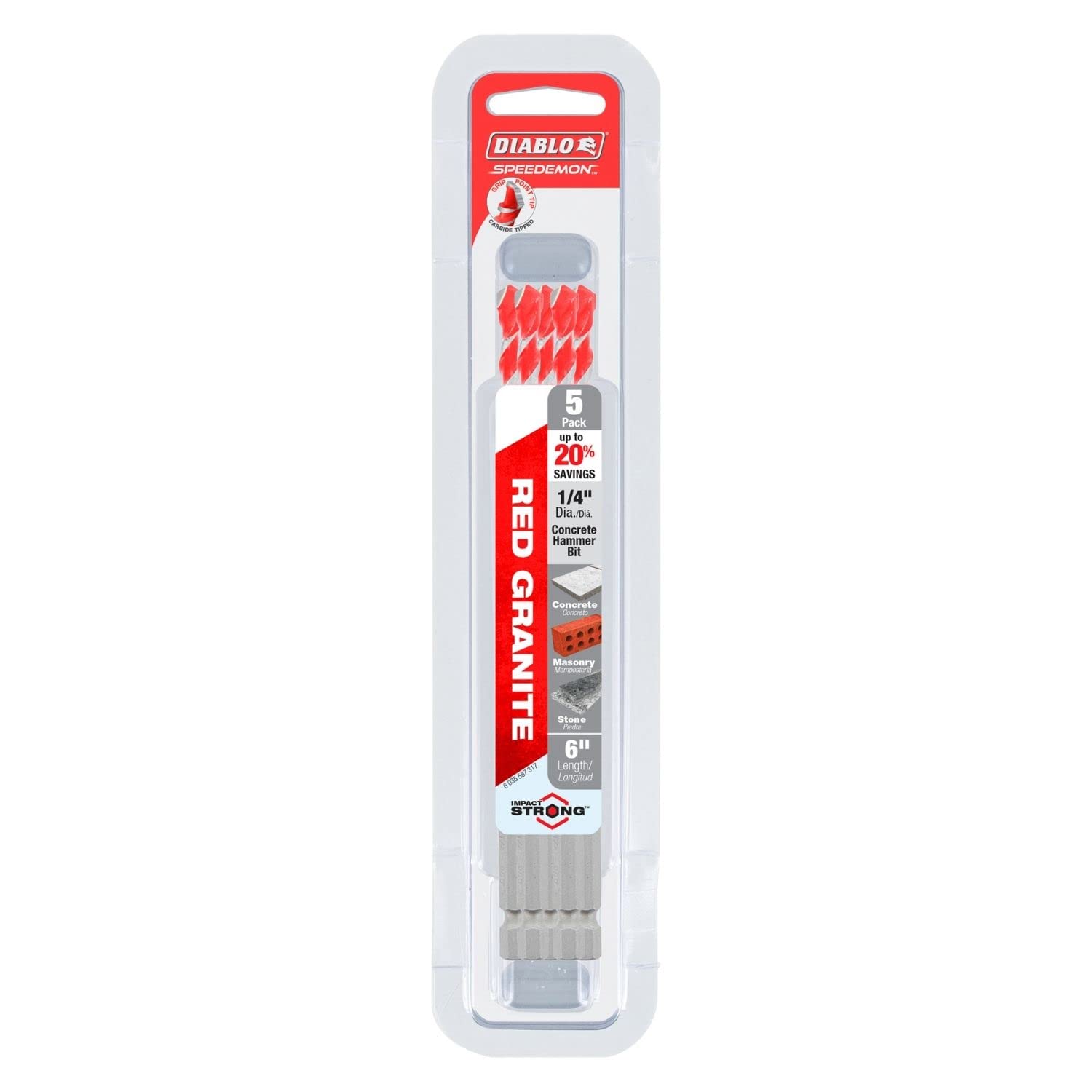 Diablo SPEEDemon Red Granite Carbide Tipped Hammer Drill Bit for Concrete, Masonry and Stone - 1/4" Diameter, 6" Length, 4" Working Length, 5-Pack - DMARG1070-P5