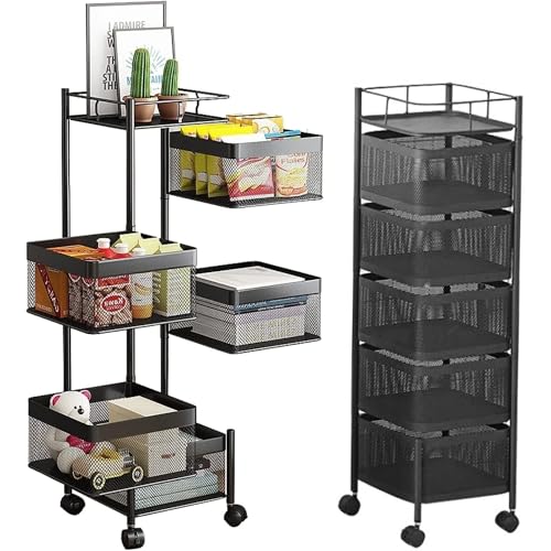 DUAS Rotating Storage Trolley – 4, 5, 6 Tier Kitchen & Bathroom Organiser with 360° Swivel Baskets – Space-Saving Metal Shelf Rack – Free-Standing with Lockable Wheels (6 Tier Square)